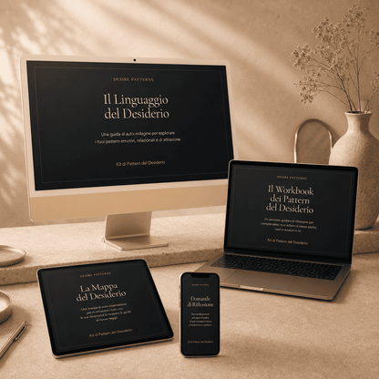 Kit dei Pattern del Desiderio digitale mostrato su iMac, MacBook, tablet e smartphone con fogli stampabili inclusi