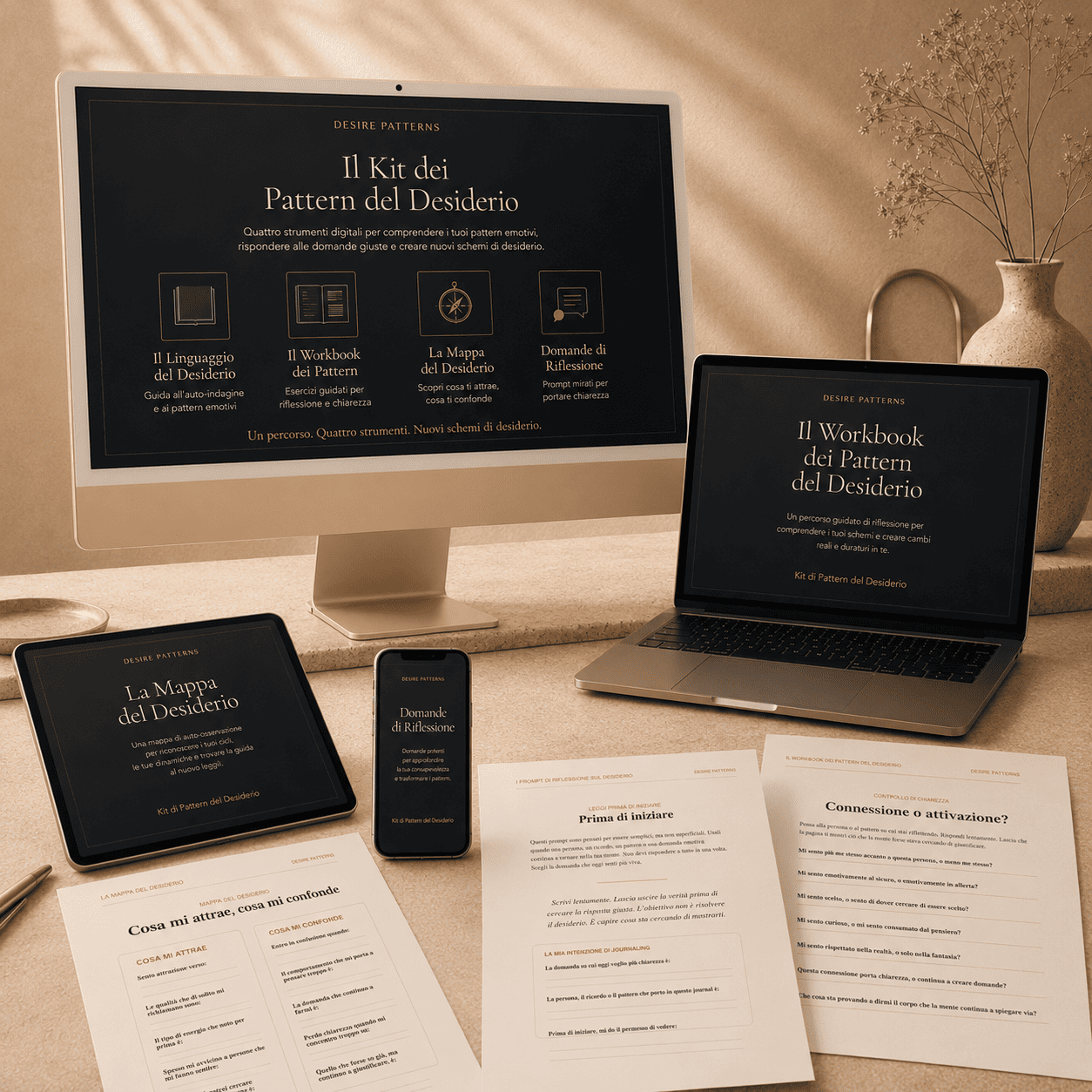 Kit digitale dei Pattern del Desiderio su dispositivi digitali con pagine stampabili per riflessione e chiarezza emotiva